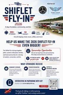 Shiflet Fly-In 2026 flyer — hosted by Carolina Aviators Network and Guns Garin Memorial Foundation